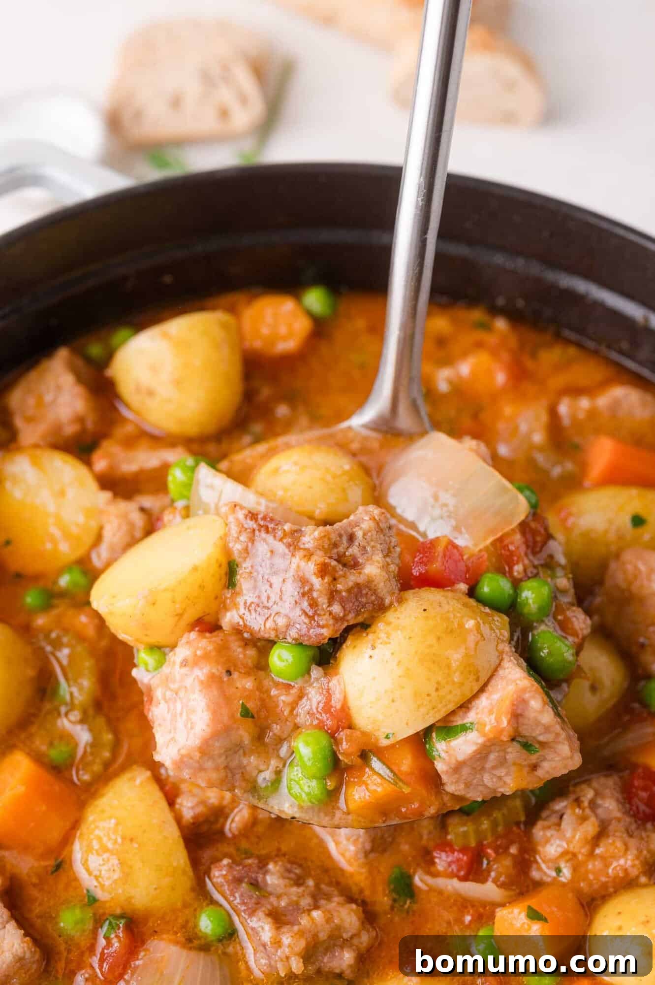 Tender Pork Ragout 19 A ladle scoops up a generous portion of hearty pork stew with potatoes, peas, carrots, and onions from a steaming pot, ready to be served.
