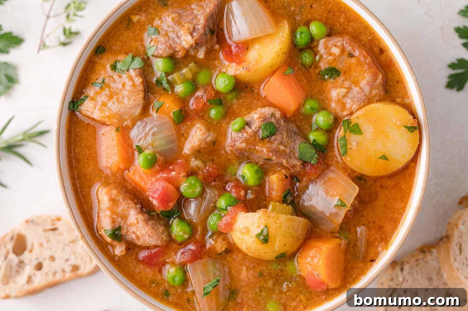 Tender Pork Ragout 3 A beautifully presented bowl of hearty pork stew, featuring succulent pork pieces, tender potatoes, carrots, peas, and a rich, savory broth. It's garnished with fresh herbs and served alongside slices of rustic bread.