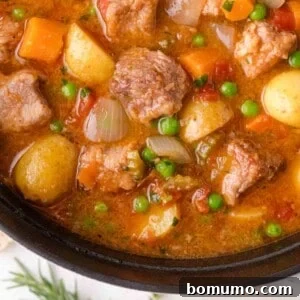 Close-up of a hearty pork stew with chunks of pork, potatoes, carrots, peas, onions, and a rich broth in a black pot, ready to be served.