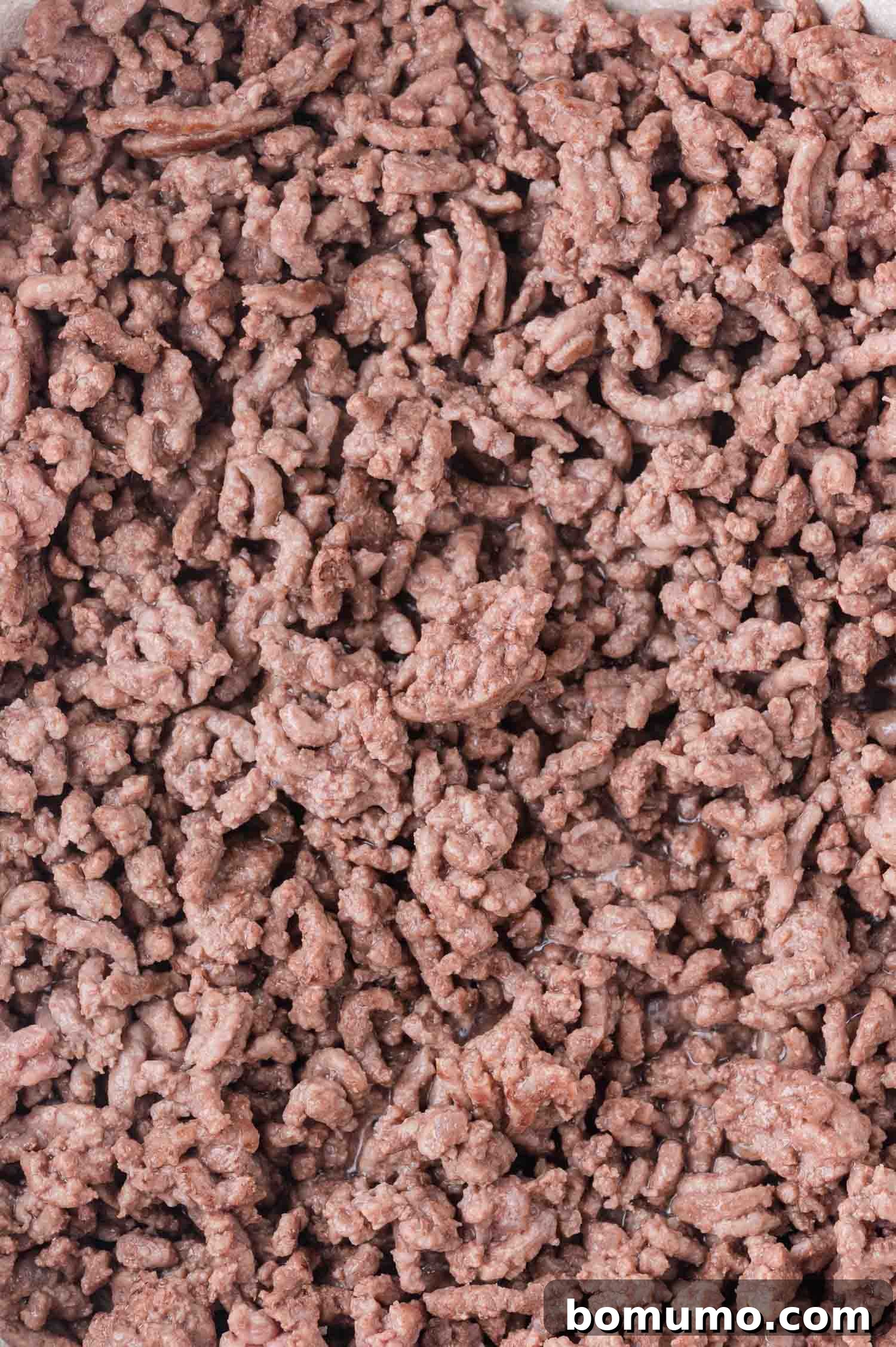 A close-up view of finely crumbled, perfectly cooked ground beef, showcasing its appealing light brown color and uniform texture, ready to be incorporated into the sauce.