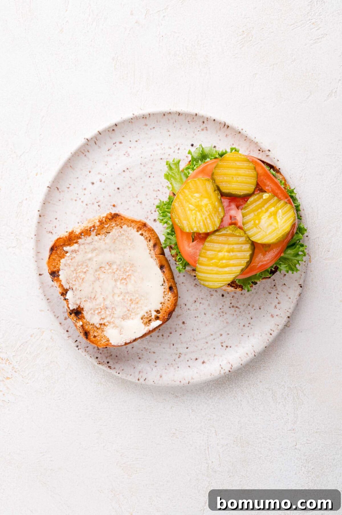 An inviting open-faced sandwich presented on a speckled plate, layered with fresh lettuce, a juicy tomato slice, crisp pickles, and a generous dollop of creamy mayonnaise on a classic sesame seed bun.