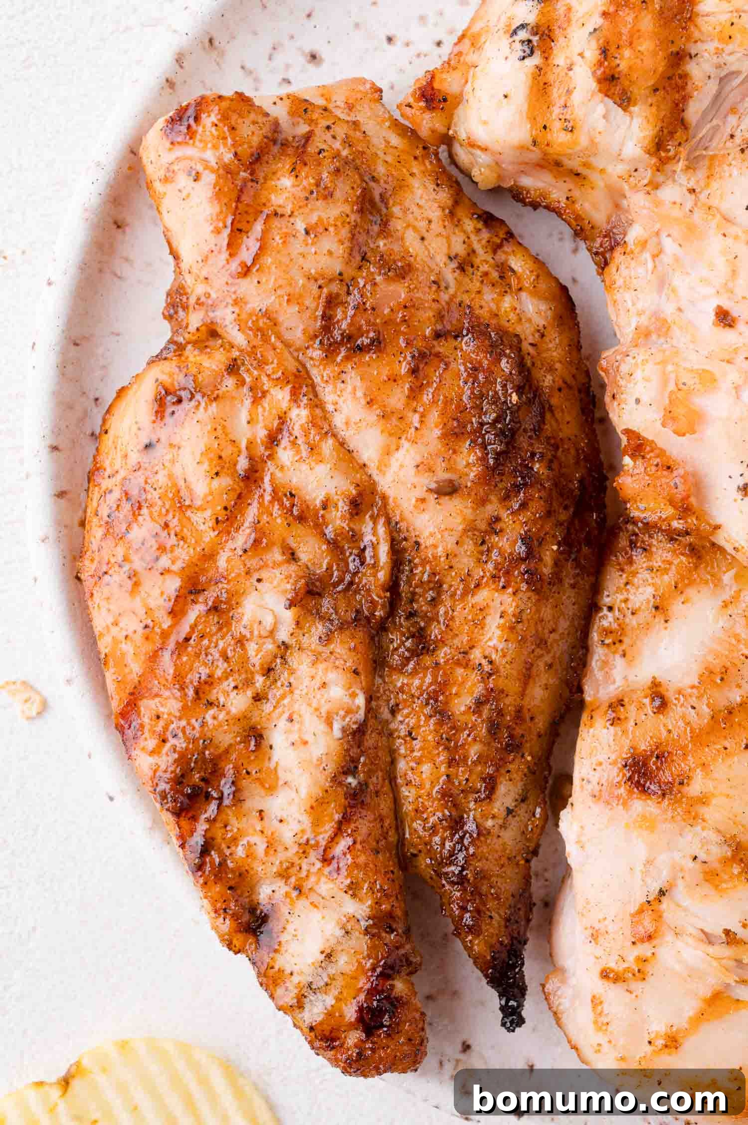 A close-up view of a perfectly cooked, seasoned chicken breast resting on a pristine white plate, showcasing its tender texture.