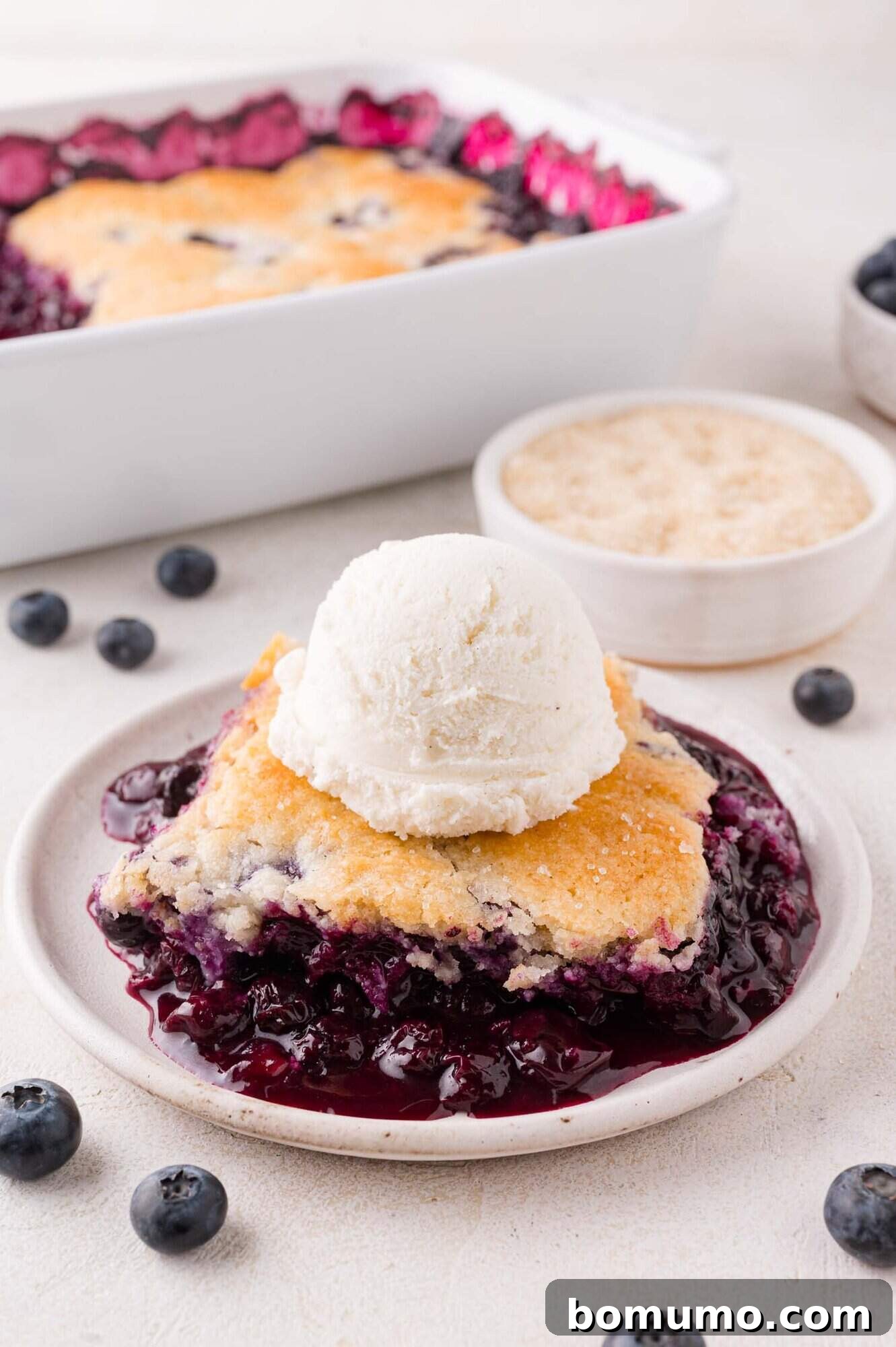 A delectable slice of blueberry cobbler, crowned with a melting scoop of vanilla ice cream, elegantly presented on a white plate. Fresh blueberries and a small dish of sugar grace the background, hinting at the dessert's natural sweetness.