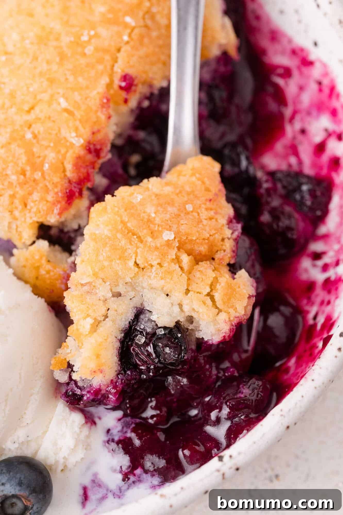 A mouth-watering close-up of a blueberry cobbler, showcasing its golden, biscuit-like topping. A spoonful has been carefully lifted, revealing the rich, purple fruit filling beneath, served alongside a scoop of creamy vanilla ice cream.