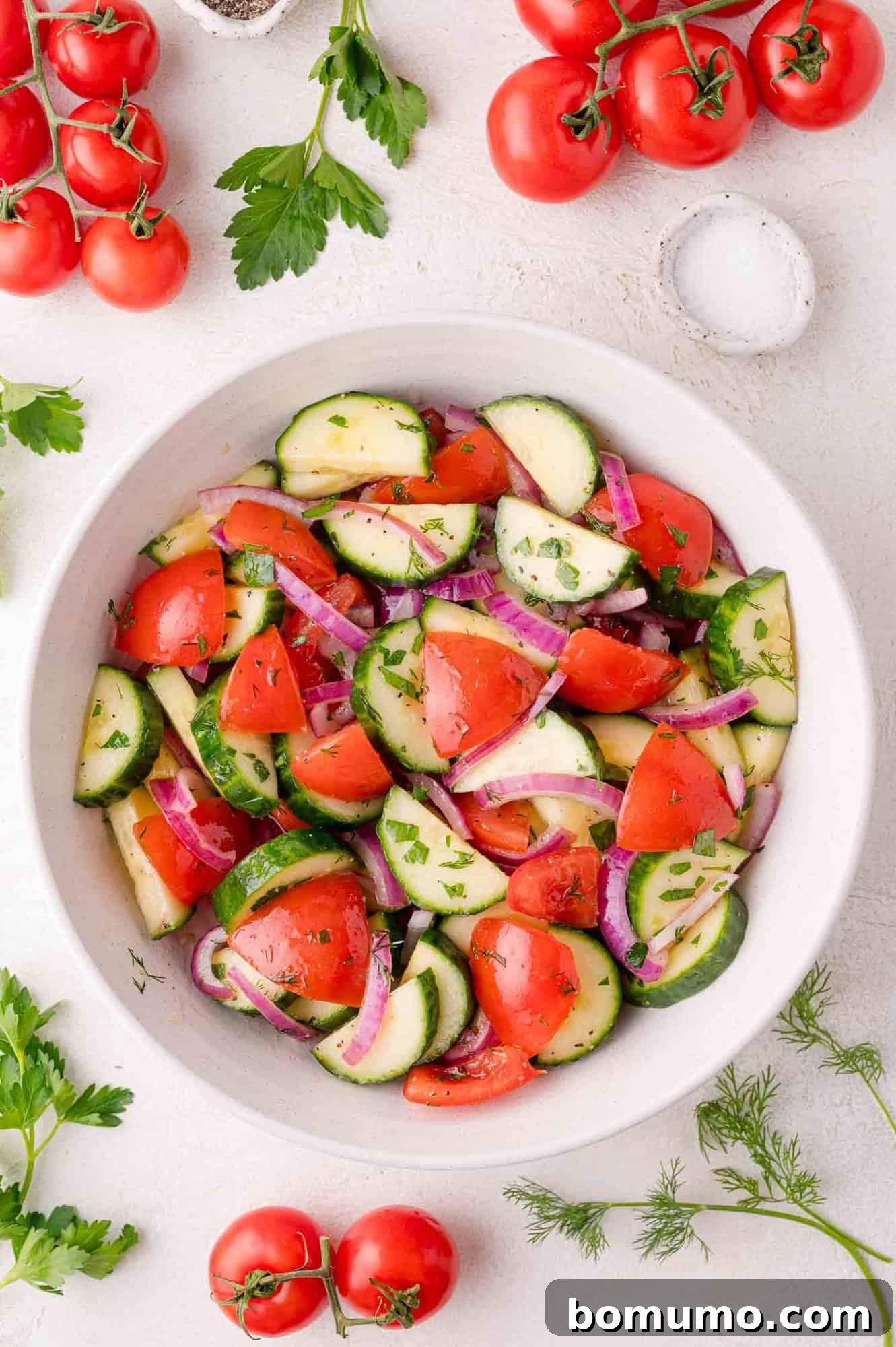 A bowl of cucumber tomato salad garnished with parsley, surrounded by fresh tomatoes, herbs, and a bowl of salt on a white surface.