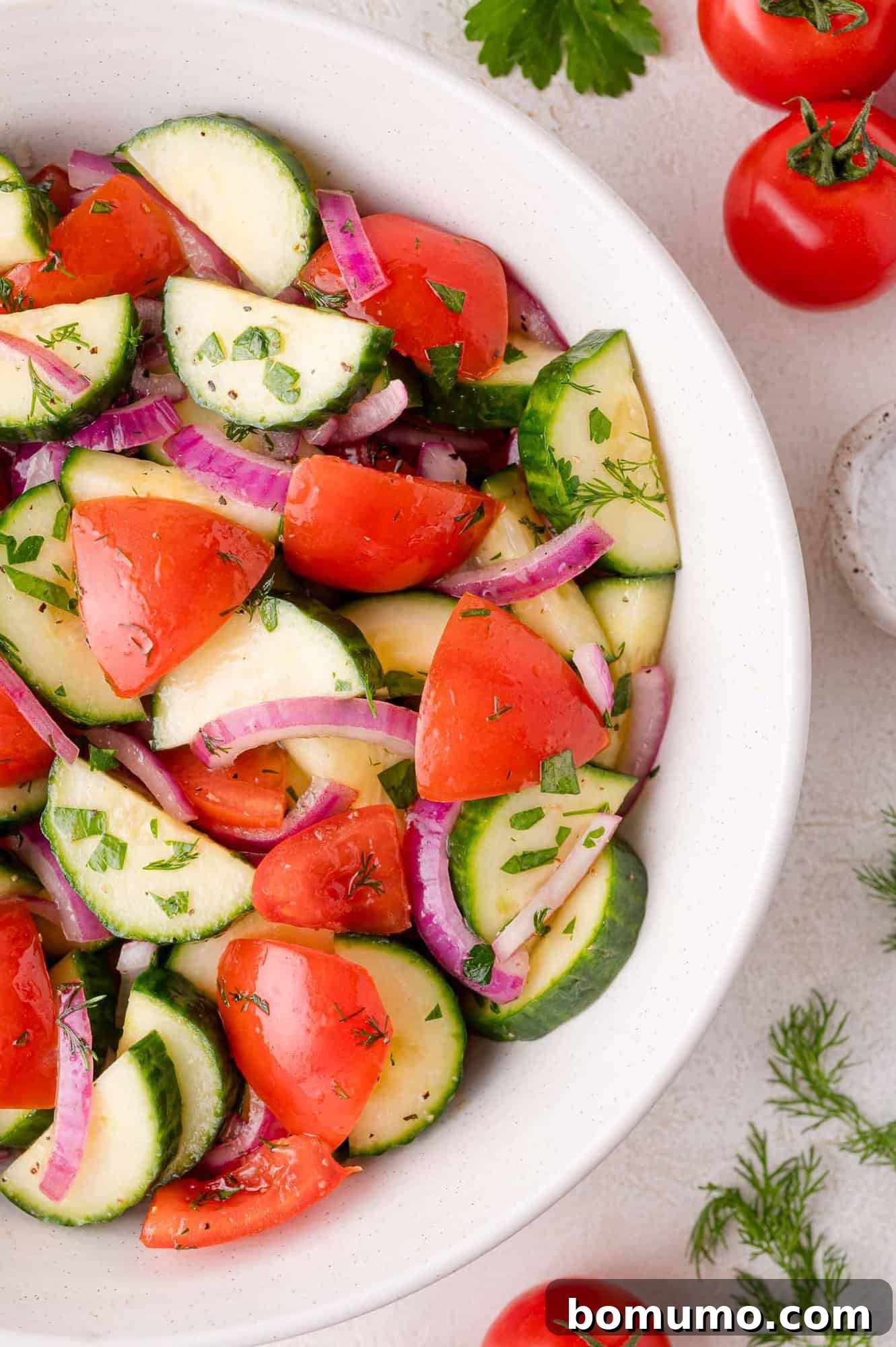 A white bowl filled with salad made of sliced cucumbers, tomatoes, red onions, and herbs, placed on a light surface with fresh tomatoes and herbs nearby.