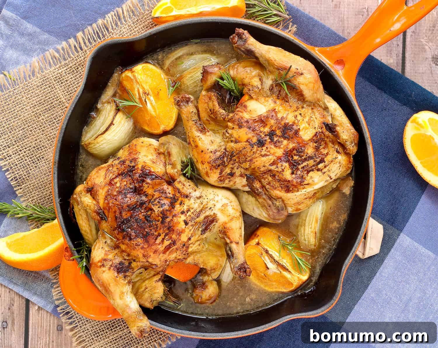 Overhead view of two perfectly roasted Cornish game hens in an orange skillet, surrounded by caramelized orange slices and onion wedges.