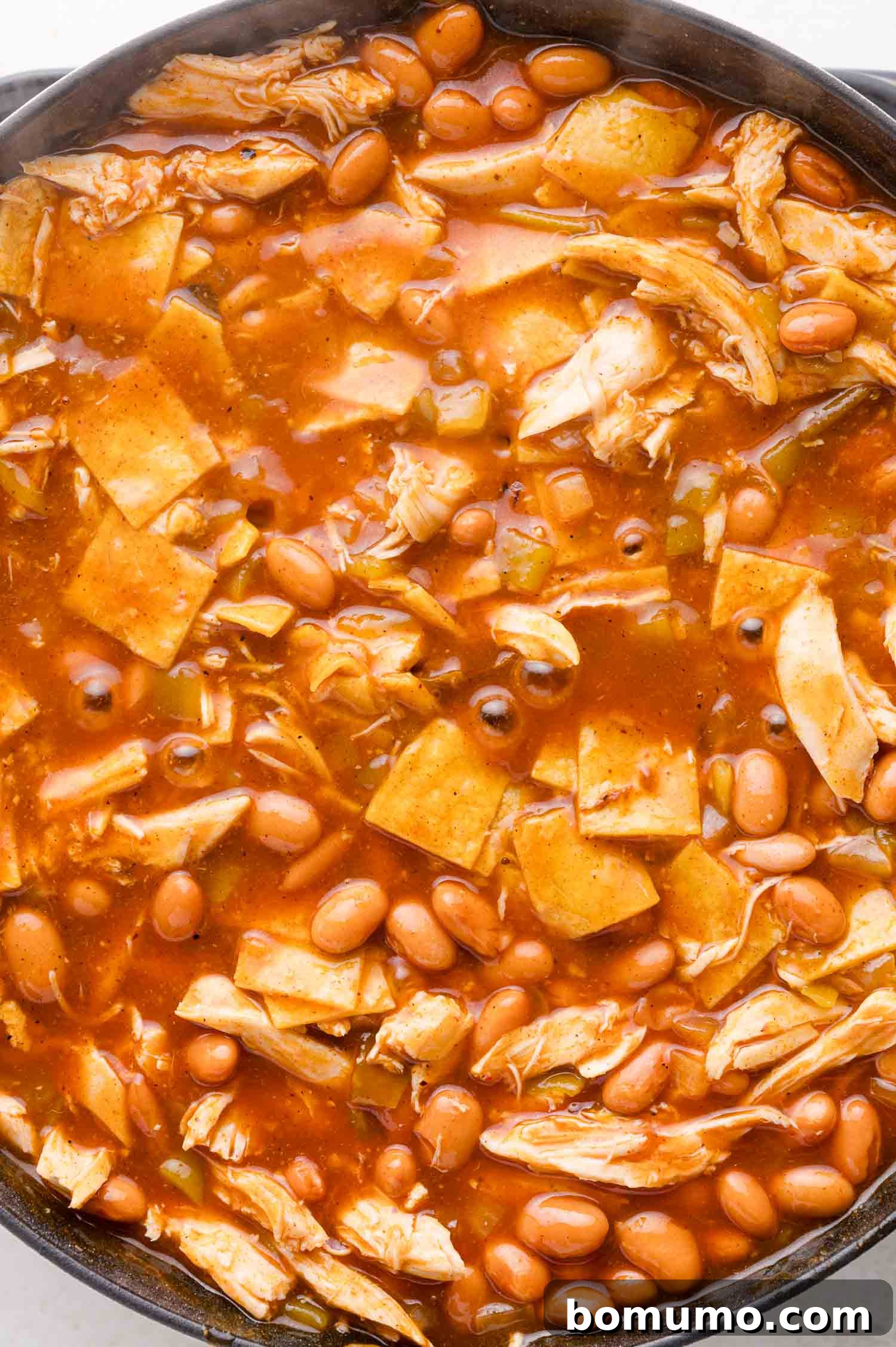 Quick Skillet Chicken Enchilada 11 A close-up view of a pan brimming with chicken, pinto beans, softened tortilla strips, and a vibrant red sauce, perfectly mixed.
