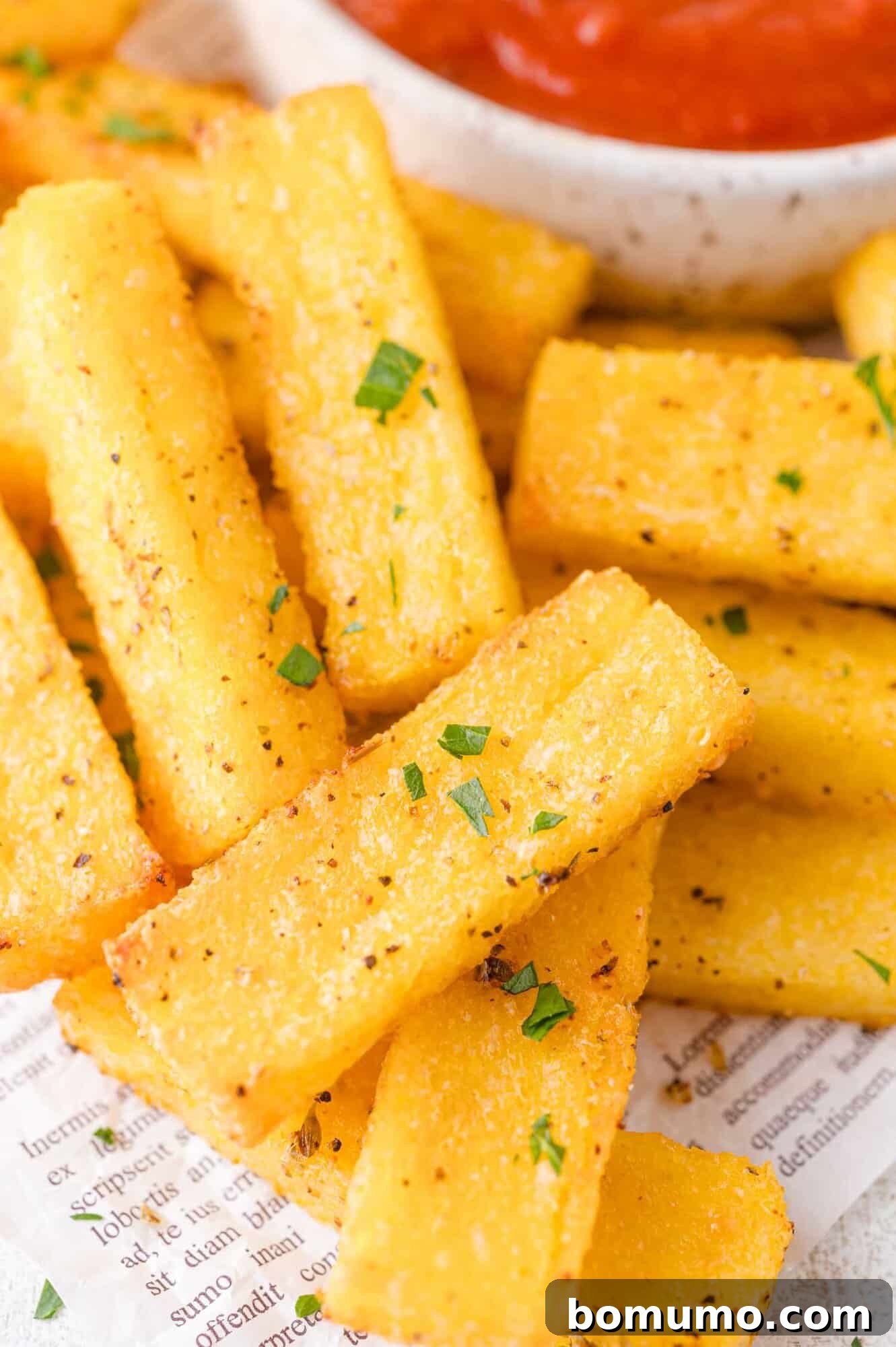 Golden polenta fries with a dipping sauce.