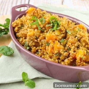 Moroccan Freekeh Pilaf is full of warm spices and sweet dried fruit, making it a perfect side dish.