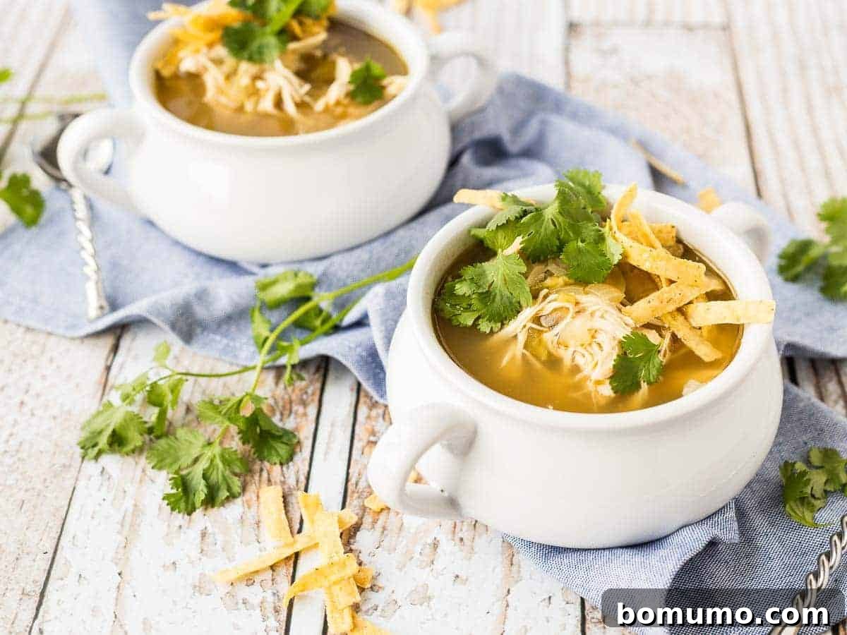A collection of chicken enchilada soup bowls artfully arranged on a blue denim tablecloth, surrounded by an assortment of delicious toppings like cheese, cilantro, and avocado.