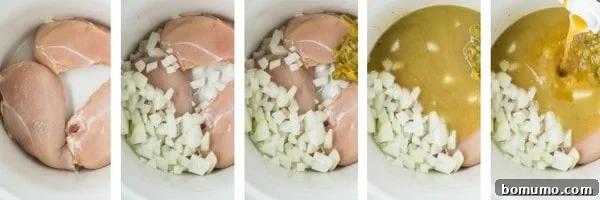 A five-photo collage demonstrating the simple process of adding each of the five core ingredients into a crockpot, showcasing the ease of preparation for green enchilada soup.