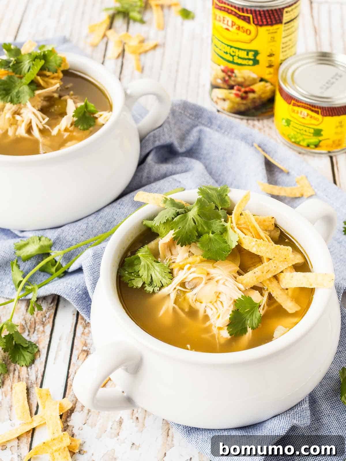A tastefully arranged shot of green enchilada soup in bowls, with various Old El Paso brand products subtly displayed in the background, hinting at key ingredients.