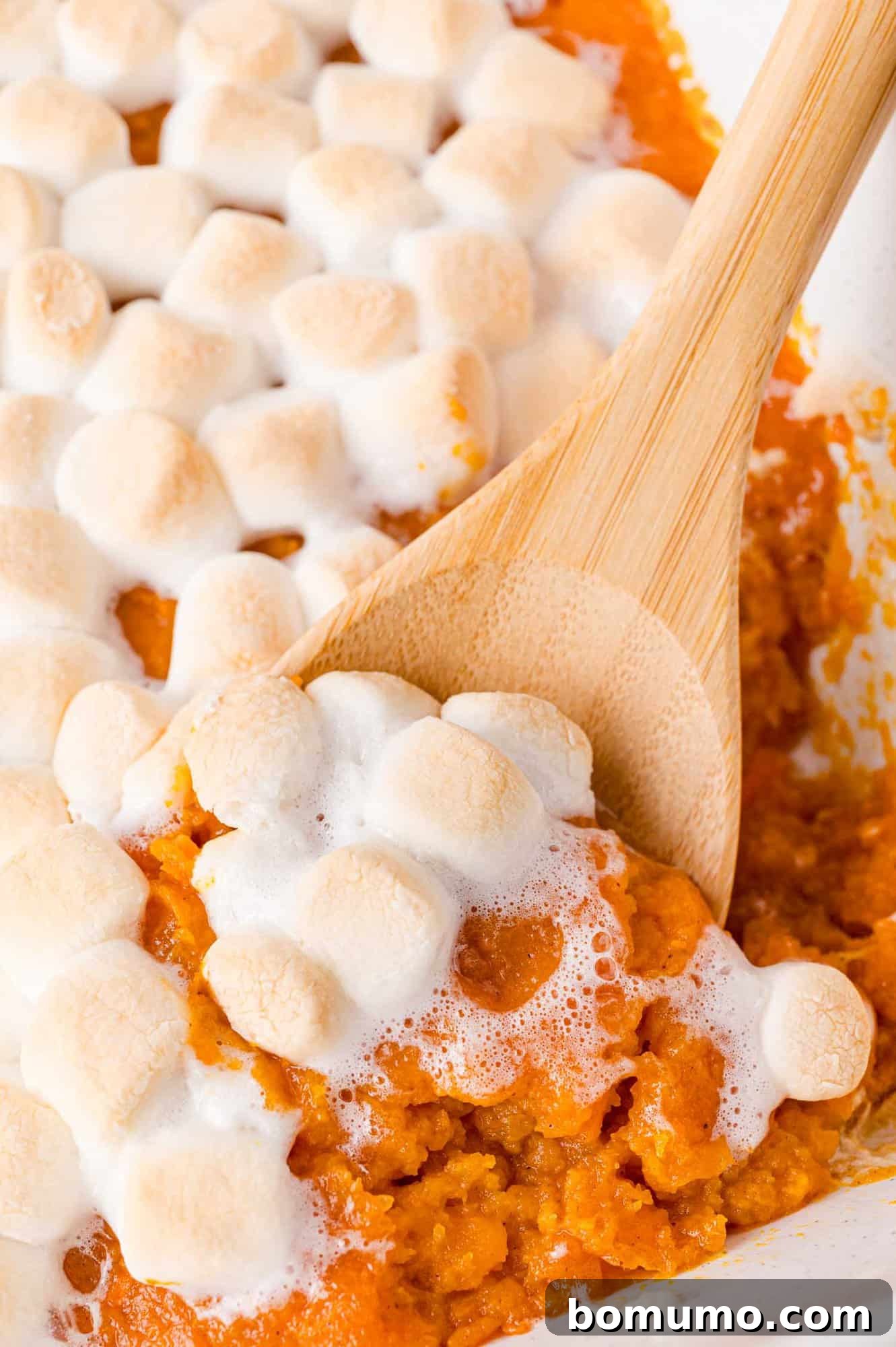 A large wooden spoon scooping a portion of golden-brown sweet potato casserole, generously topped with lightly toasted, gooey marshmallows, suggesting a warm and comforting dish.