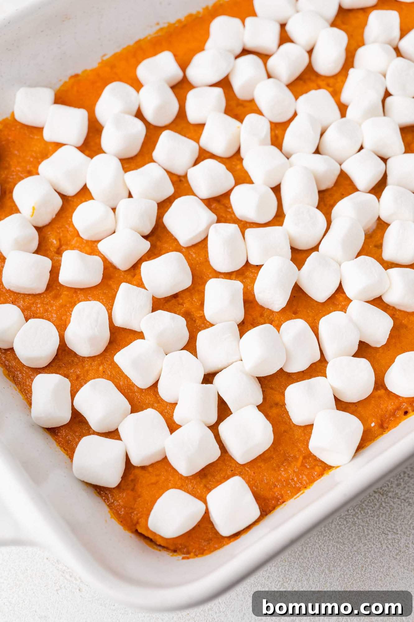 A layer of white mini marshmallows freshly spread over the sweet potato casserole, awaiting its return to the oven to brown and toast.