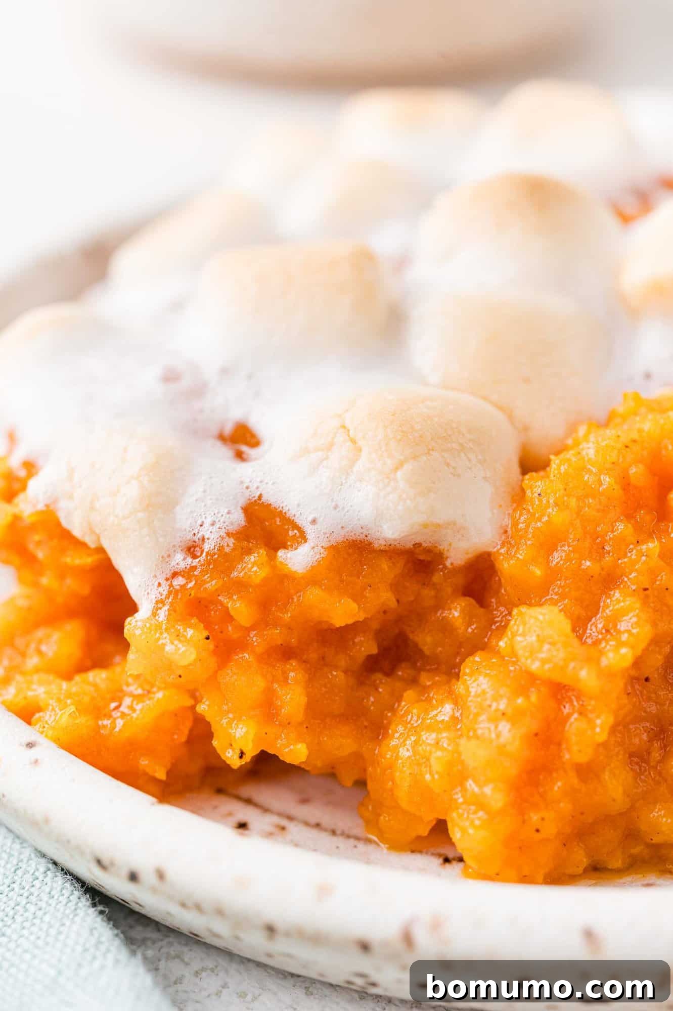 A generous serving of sweet potato casserole, artfully plated and adorned with perfectly browned marshmallows, hinting at its inviting warmth and deliciousness.