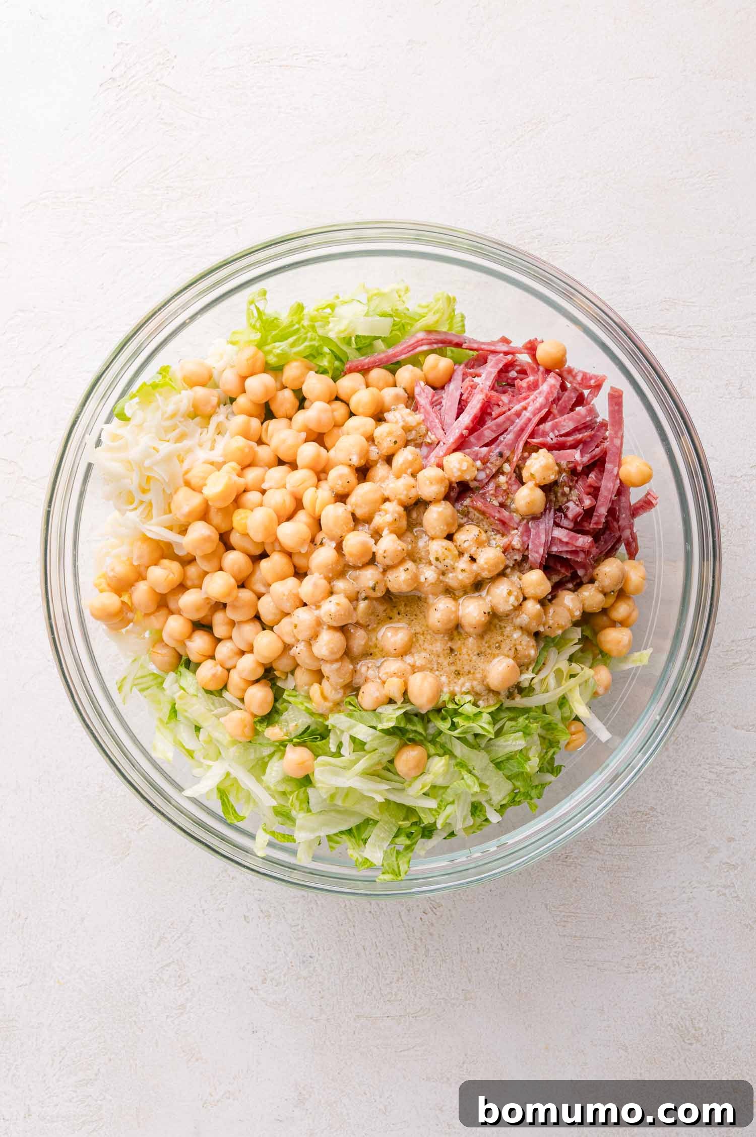 A spacious glass bowl filled with the vibrant components of the La Scala salad: shredded lettuce, tender chickpeas, rich shredded cheese, thinly sliced salami, and a drizzle of dressing, all against a subtly lit background.