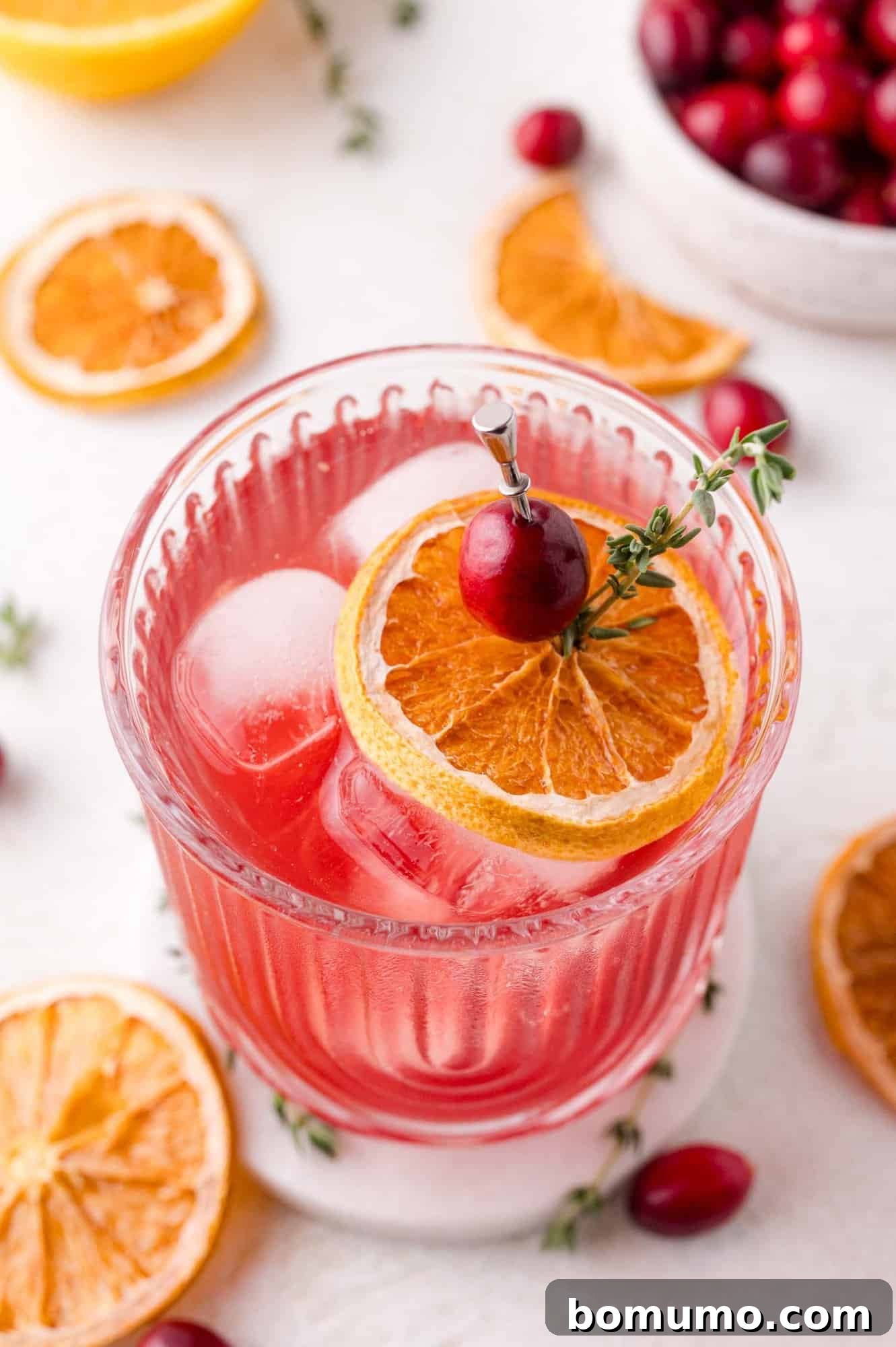 A vibrant glass of Cranberry Thyme Spritzer, adorned with ice, a dried orange slice, a fresh cranberry, and a sprig of thyme. The drink rests on a white coaster, surrounded by scattered dried oranges and cranberries, evoking a festive autumnal feel.