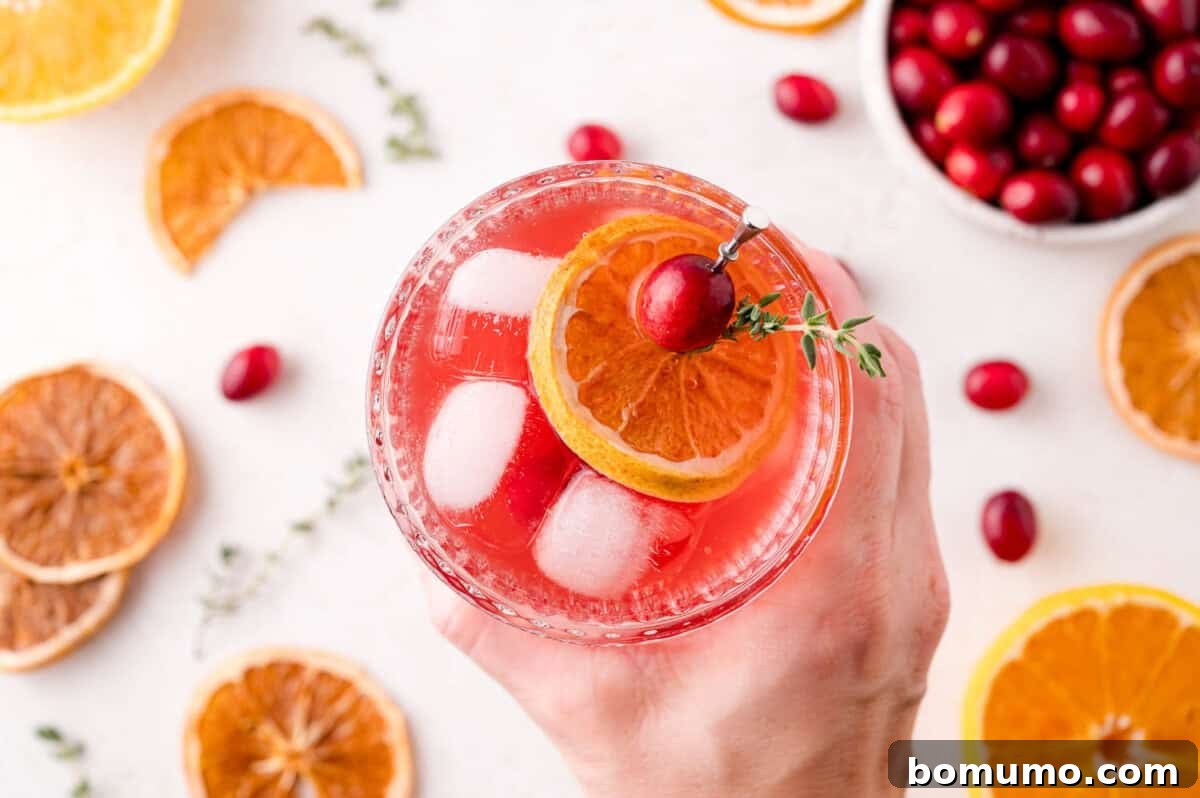 A hand delicately holds a glass of cranberry thyme spritzer, adorned with ice, a dried orange slice, a fresh cranberry, and a sprig of thyme. The background shows more dried oranges and cranberries scattered across a table, emphasizing the festive presentation.