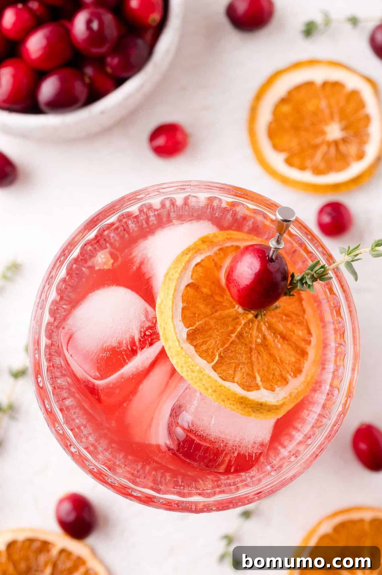 A beautifully presented glass of Cranberry Thyme Spritzer, filled with ice and garnished with a dried orange slice, a fresh cranberry, and a sprig of thyme. The drink is poised on a white surface, with more sliced oranges and cranberries artfully scattered around.