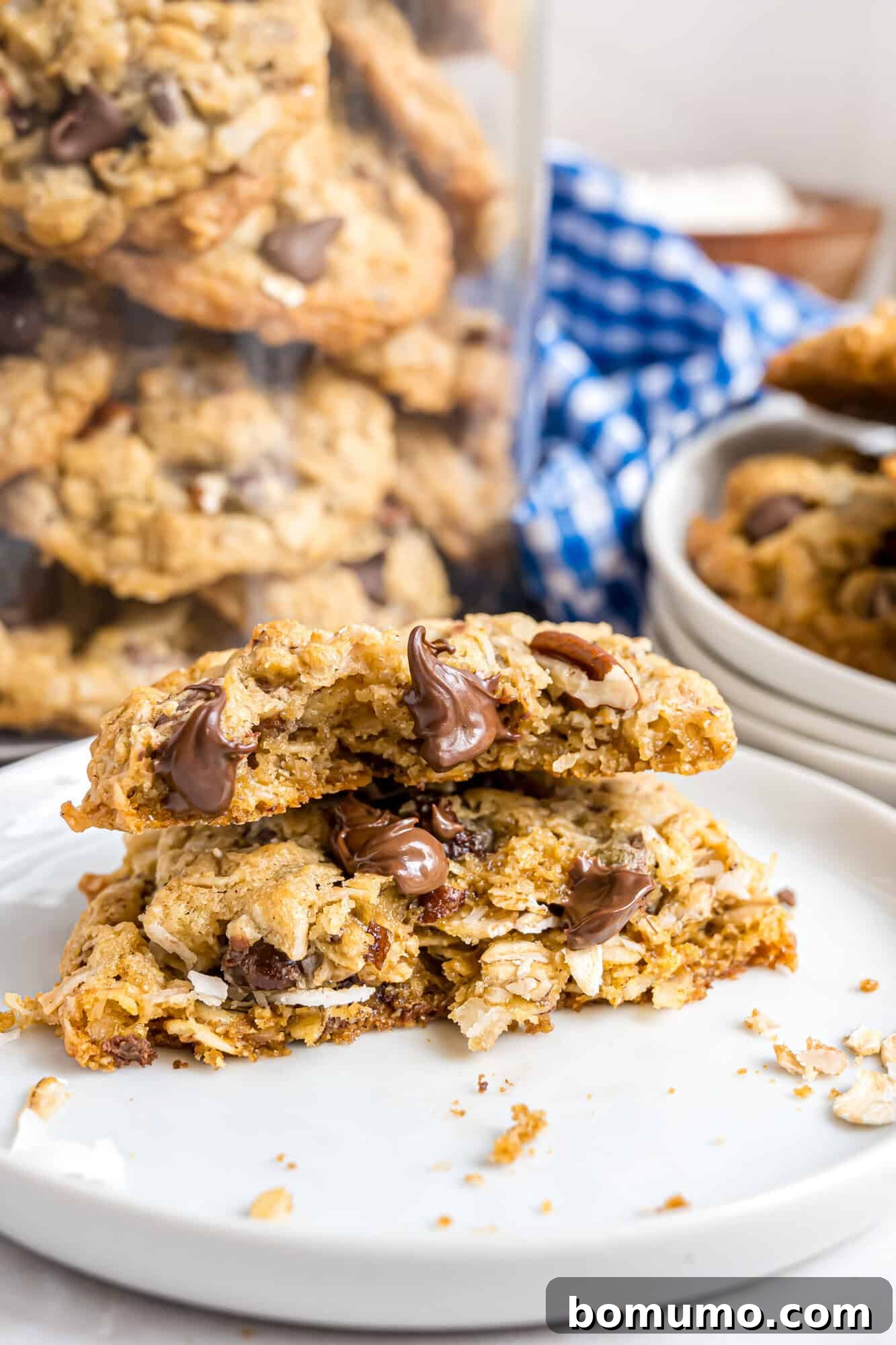 A chocolate chip oatmeal cookie broken in half sits on a white plate, with a stack of cookies and a blue checkered cloth visible in the background.