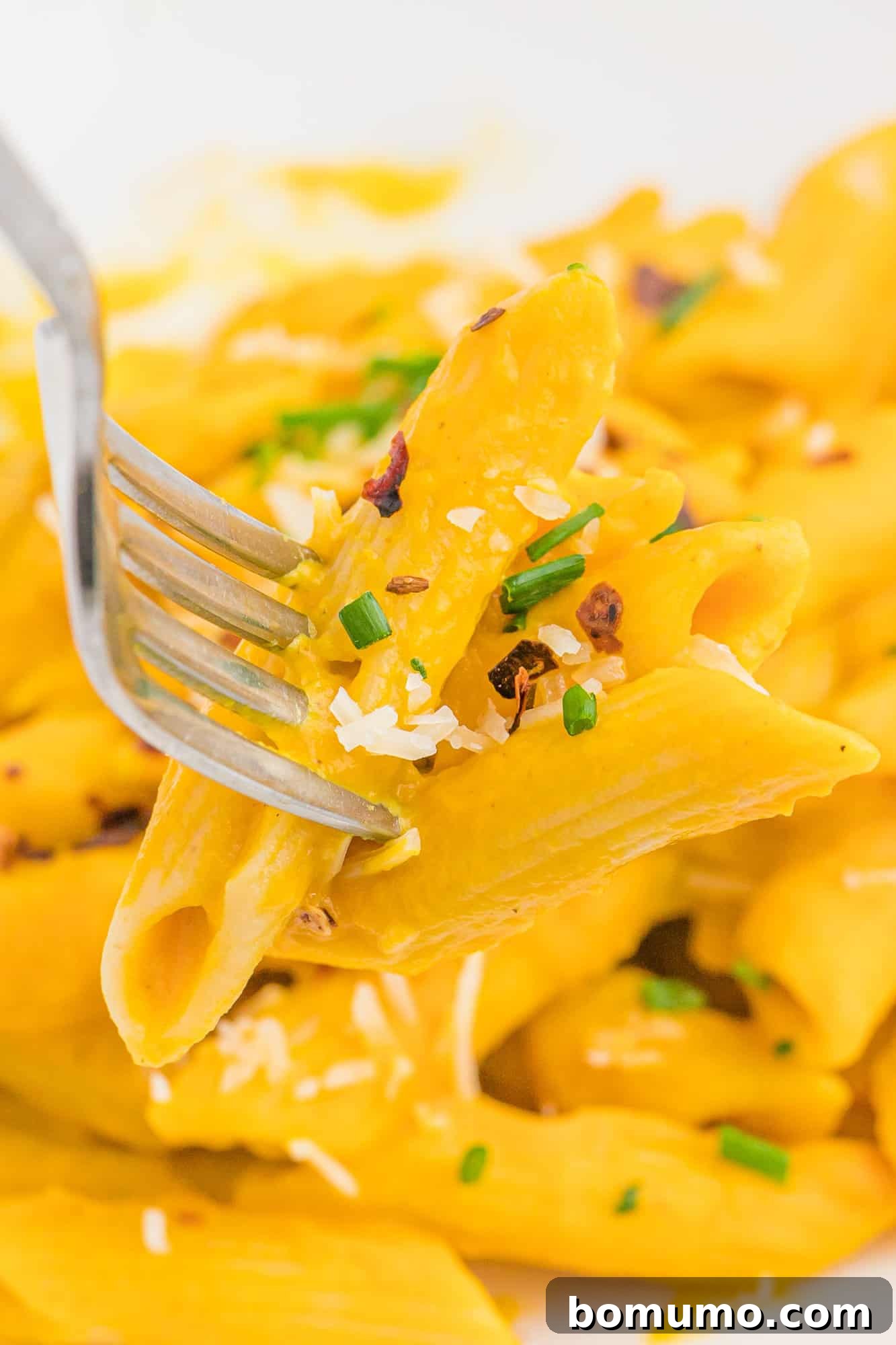 Carrot Sauce Symphony 11 Pasta on a fork.