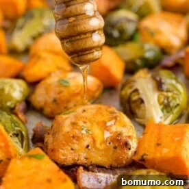 Hot honey chicken sheet pan dinner with roasted chicken pieces, Brussels sprouts, and sweet potatoes, being drizzled with spicy honey.