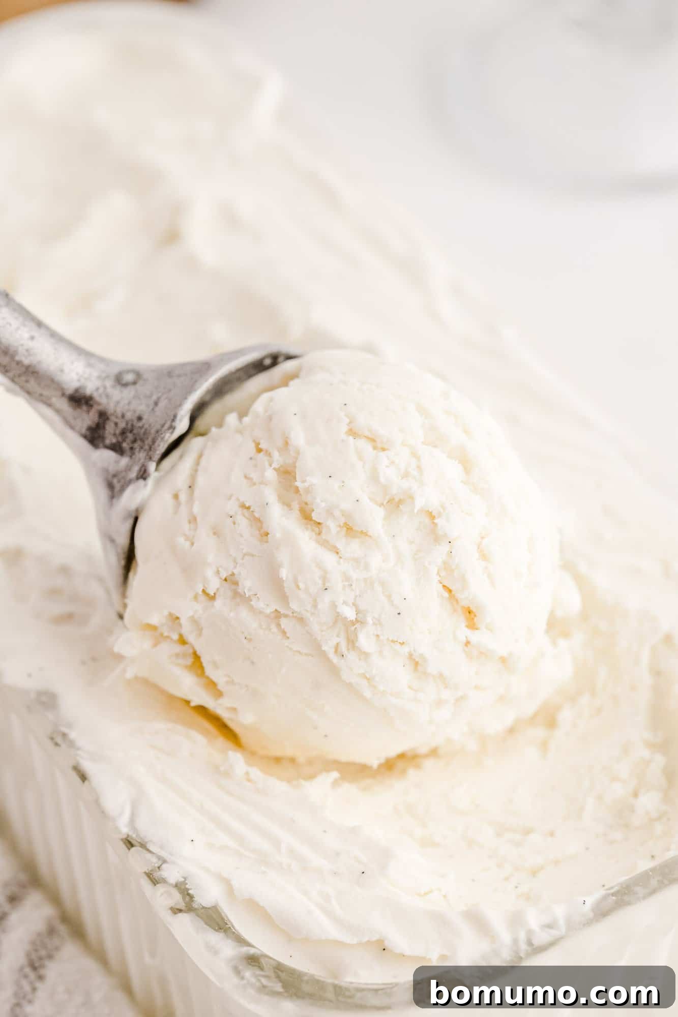 Velvet Vanilla Bliss 3 A large scoop of creamy vanilla ice cream being served from a metal loaf pan with a shiny ice cream scoop.