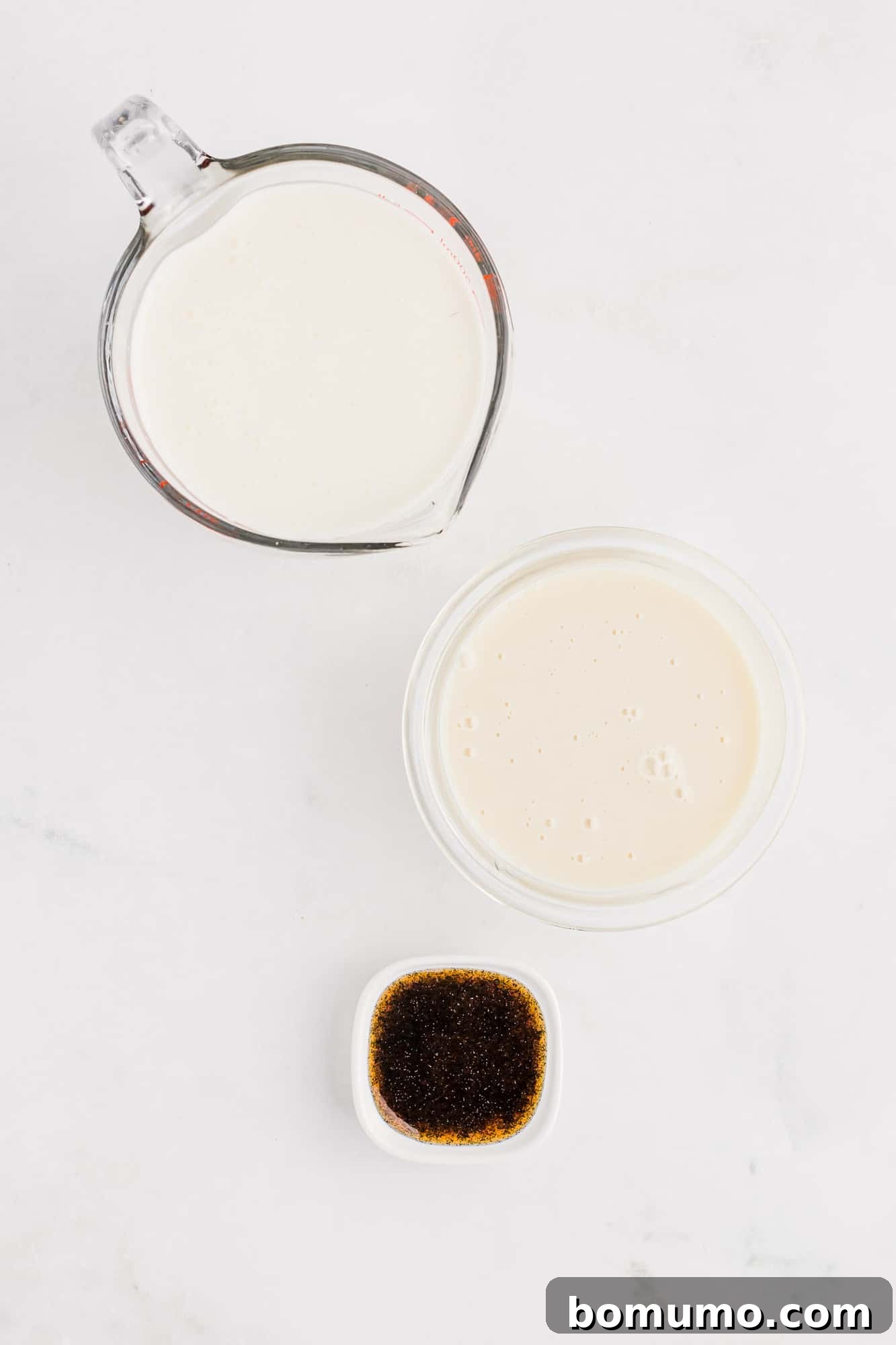 Velvet Vanilla Bliss 4 An overhead view showcasing the three simple ingredients: a can of sweetened condensed milk, a carton of heavy cream, and a jar of vanilla bean paste, neatly arranged on a white surface.