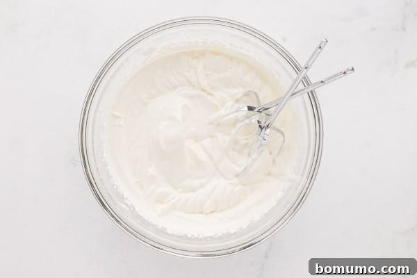 Homemade vanilla ice cream is easy to make with only 3 ingredients! This no-churn ice cream recipe is so creamy, made with real vanilla bean. Chilled heavy cream being whipped to stiff peaks in a large glass mixing bowl using an electric hand mixer.