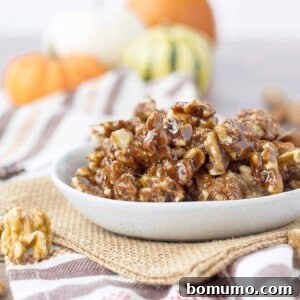A bowl of pumpkin spice candied walnuts on a table with orange pumpkins in the background.