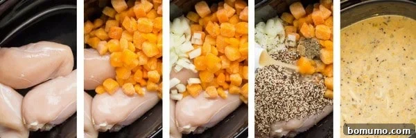 Collage of five photos illustrating the simple, step-by-step process of preparing the slow cooker creamy chicken soup.