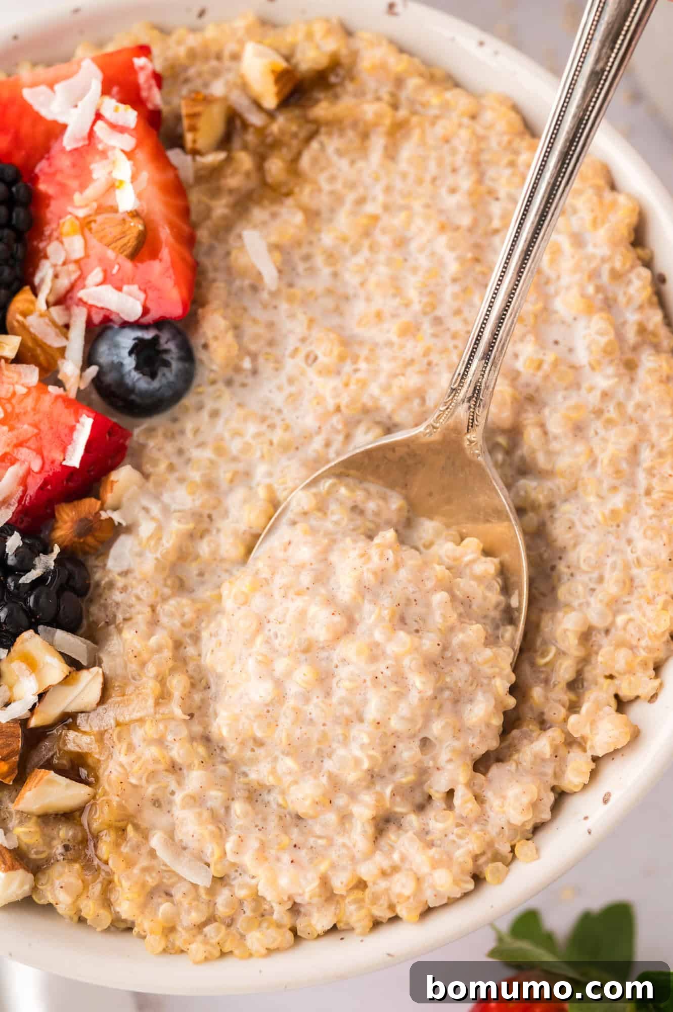 A spoonful of cooked breakfast quinoa, showcasing its rich and creamy texture after a splash of milk has been added and stirred in.