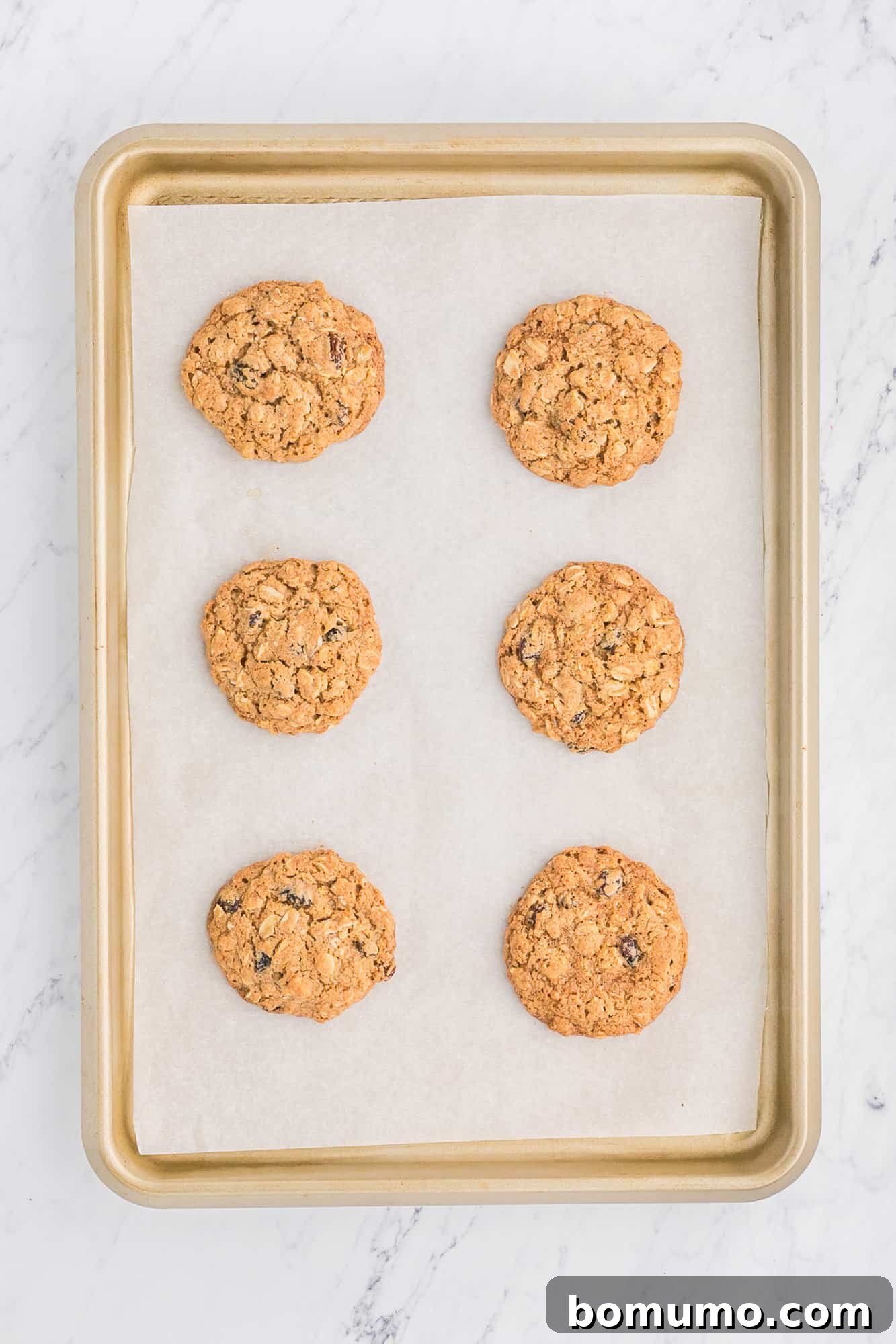 A freshly baked batch of golden brown oatmeal raisin cookies on a baking sheet.