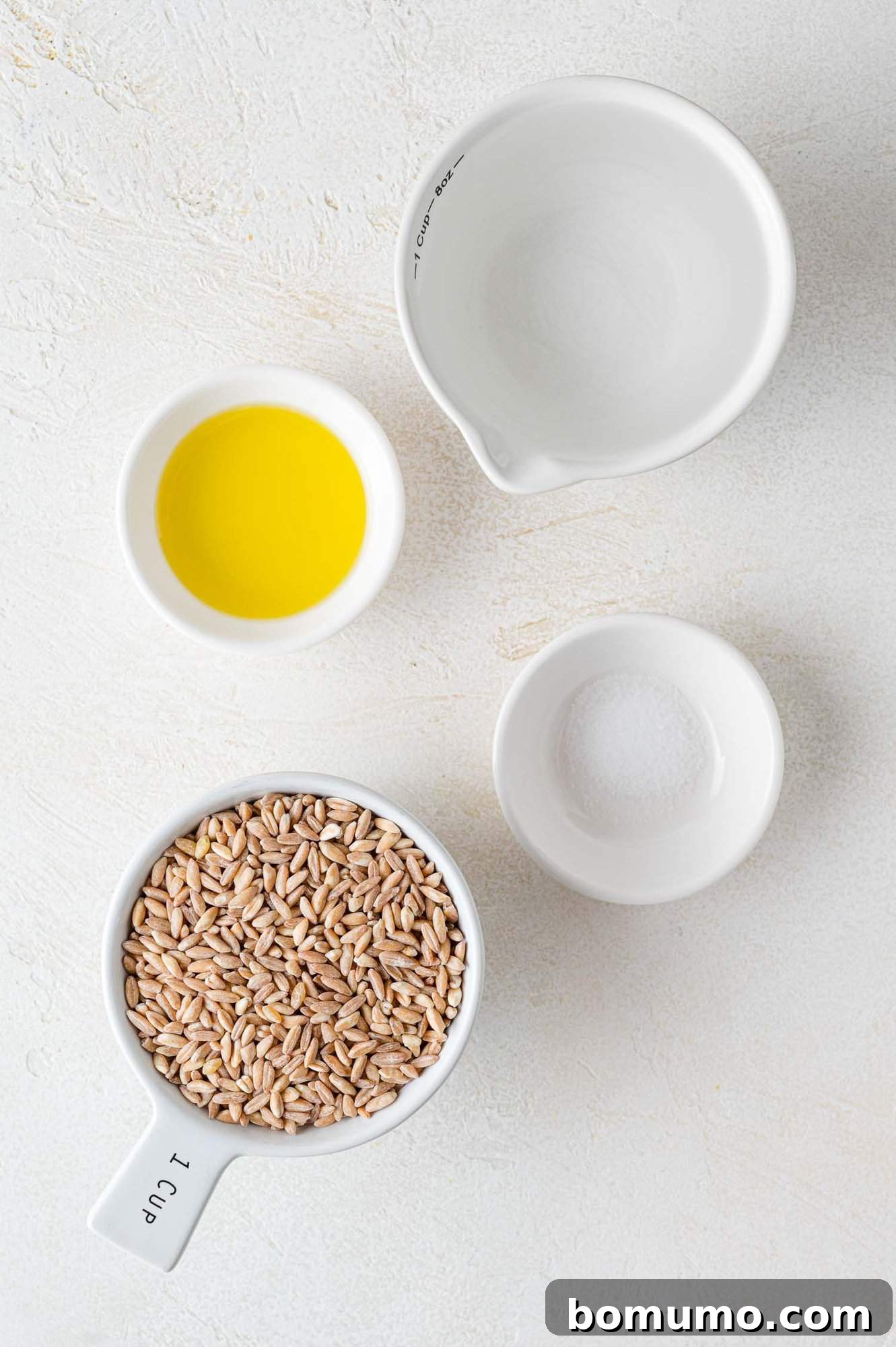 Effortless Instant Pot Farro 4 All the simple ingredients needed for Instant Pot farro, including pearled farro, water, olive oil, and salt.