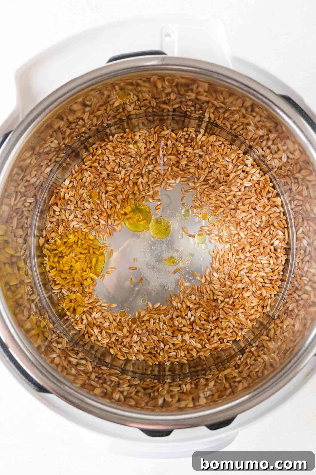 Effortless Instant Pot Farro 7 Rinsed farro, water, olive oil, and salt added to the Instant Pot.