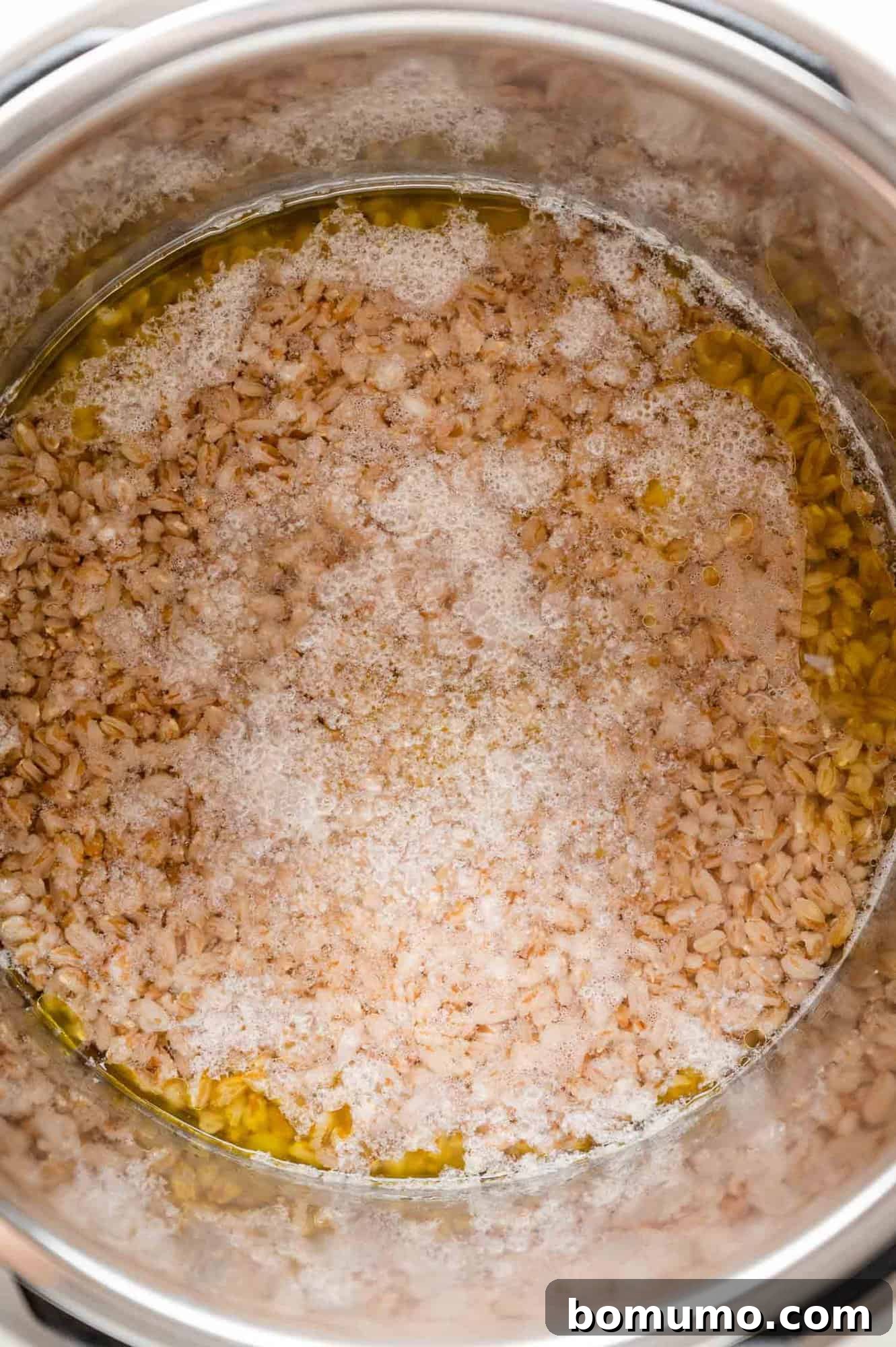 Effortless Instant Pot Farro 9 Cooked farro in the Instant Pot after the pressure release, before draining.
