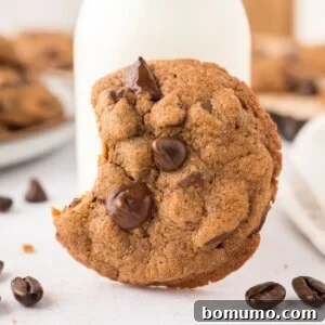 A delightful coffee cookie, with a bite taken out, resting against a glass of milk.
