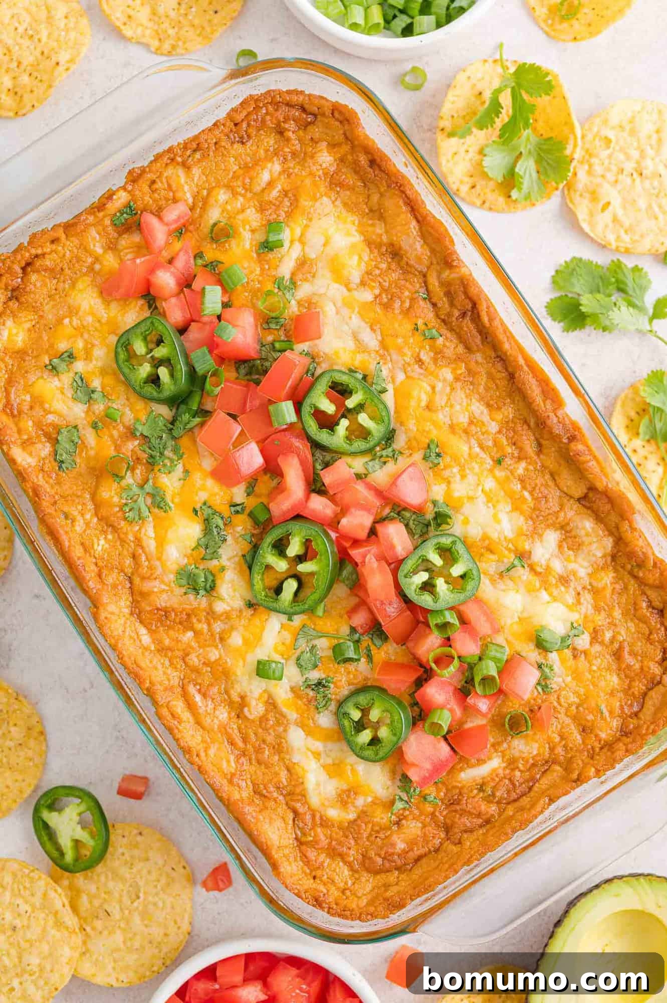 Smooth Bean Party Pleaser 2 Refried bean dip in a 9x13 baking dish, ready to be served.
