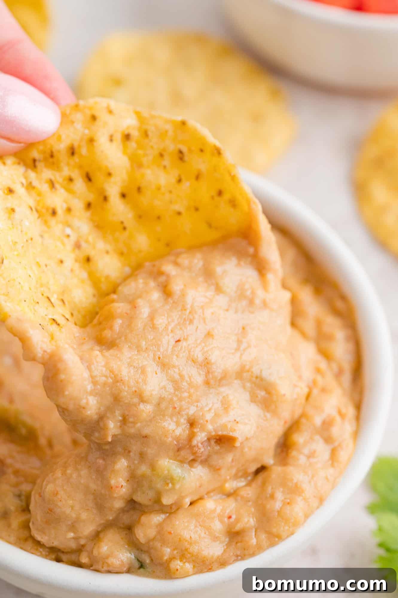 Smooth Bean Party Pleaser 12 Bean dip served in a small bowl with a single tortilla chip, highlighting its individual portion appeal.