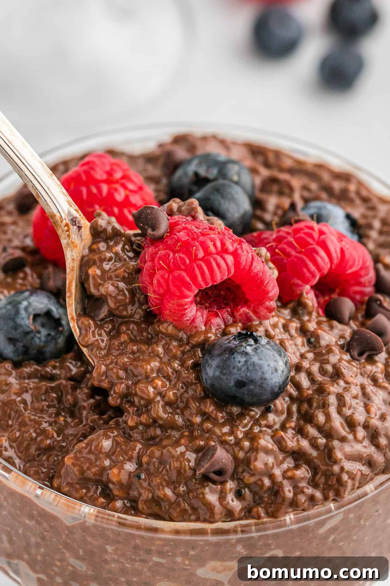 Close-up shot of creamy chocolate chia pudding, with a spoon revealing its delightful, thick texture.