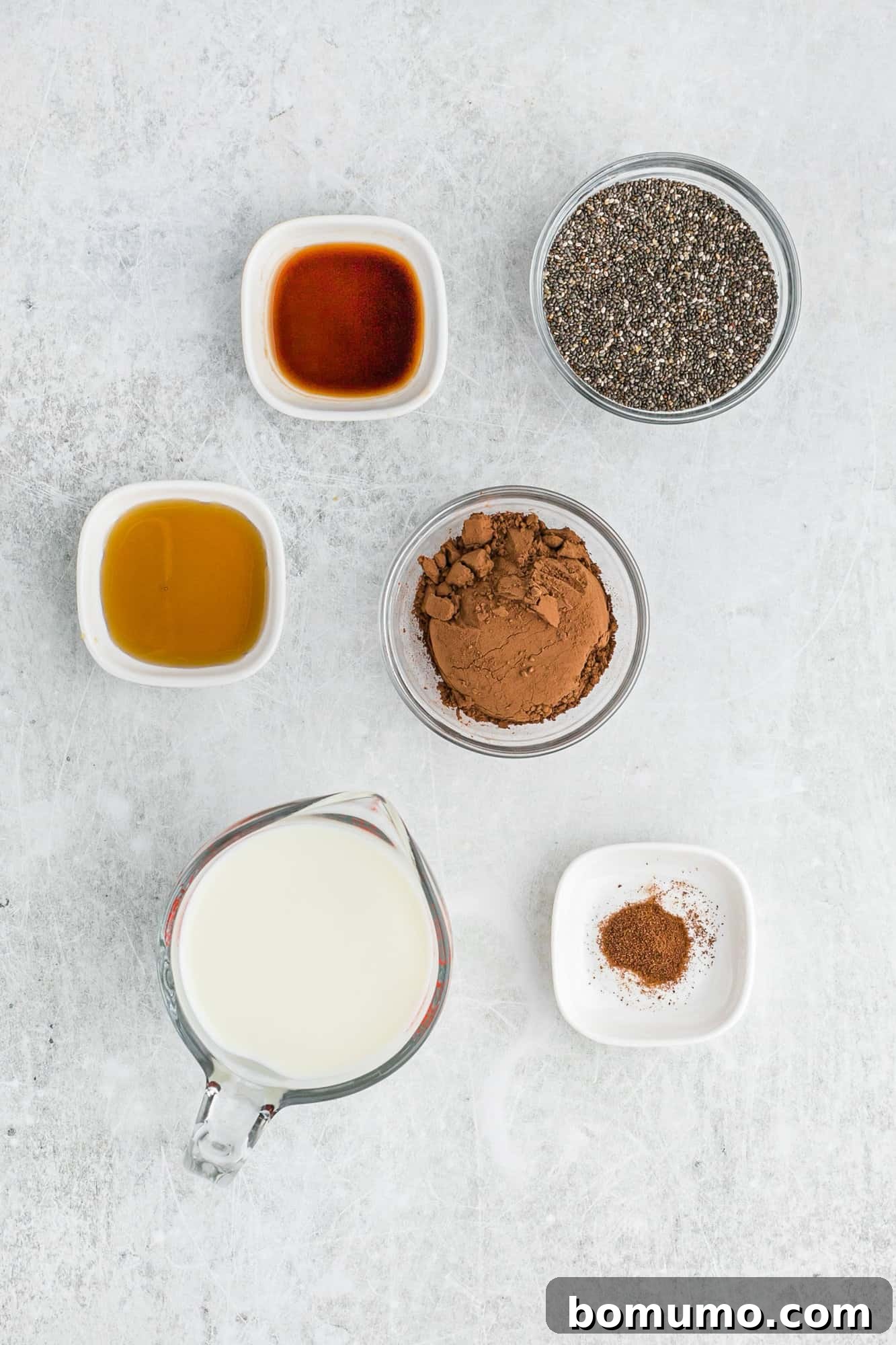 All the necessary ingredients for making chocolate chia pudding laid out on a surface: milk, chia seeds, cocoa powder, maple syrup, and vanilla extract.