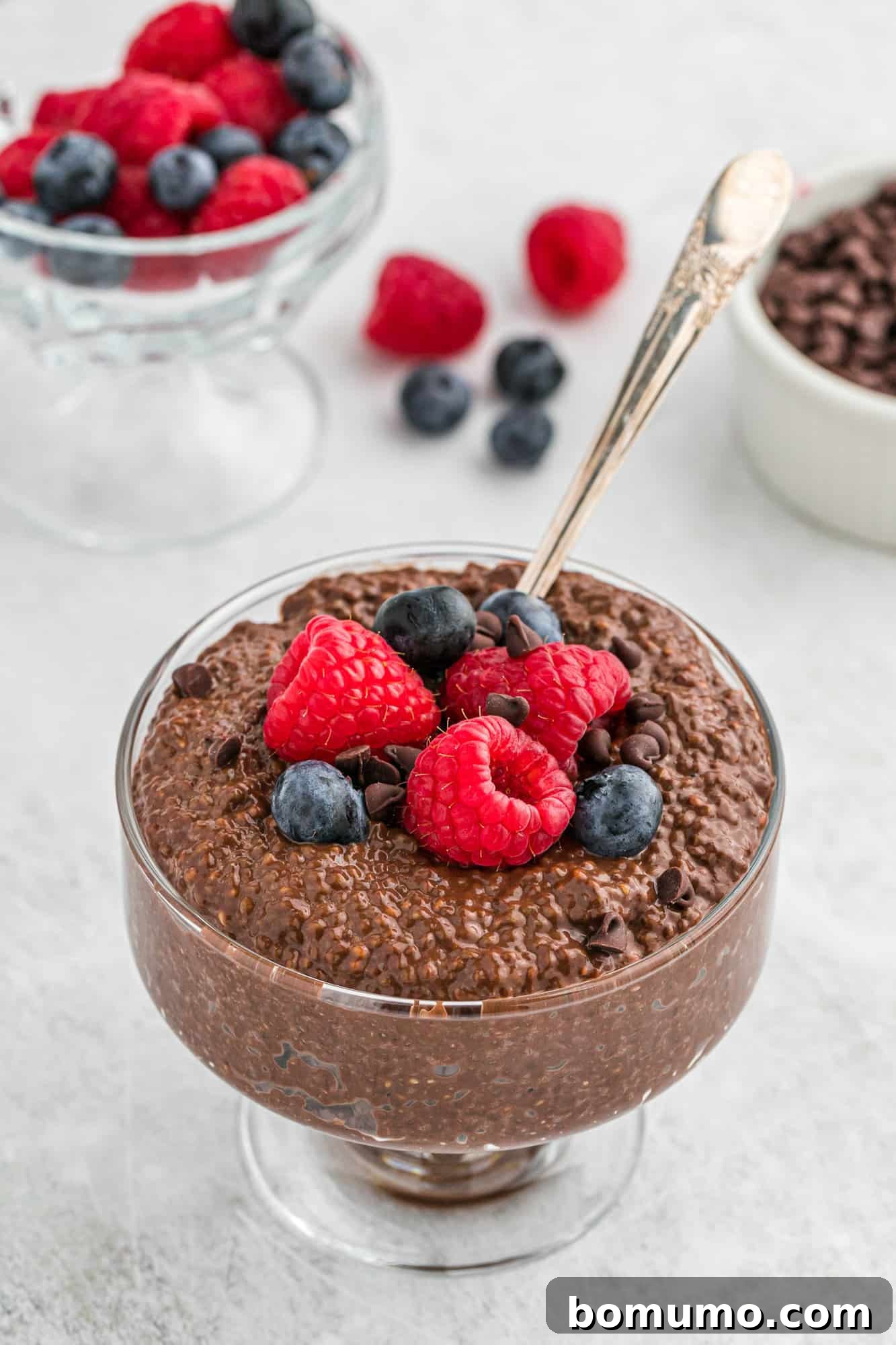 A vibrant bowl of chocolate chia pudding topped with fresh mixed berries and a spoon, ready to be enjoyed.