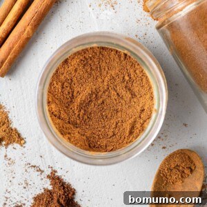 Overhead view of pumpkin pie spice in a small jar, cinnamon sticks nearby.