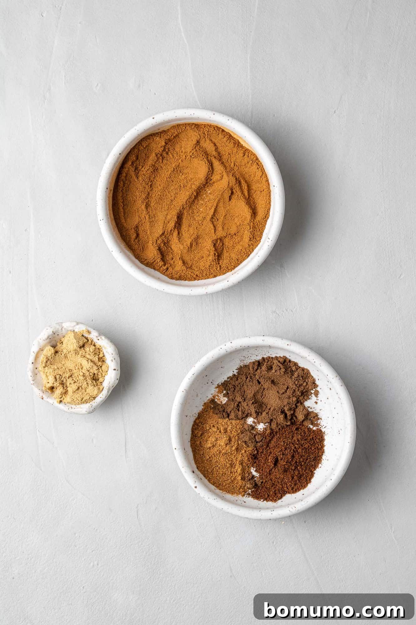 Various individual spices for pumpkin pie blend, neatly arranged in separate white bowls on a light grey background, showcasing their distinct colors and textures before mixing.