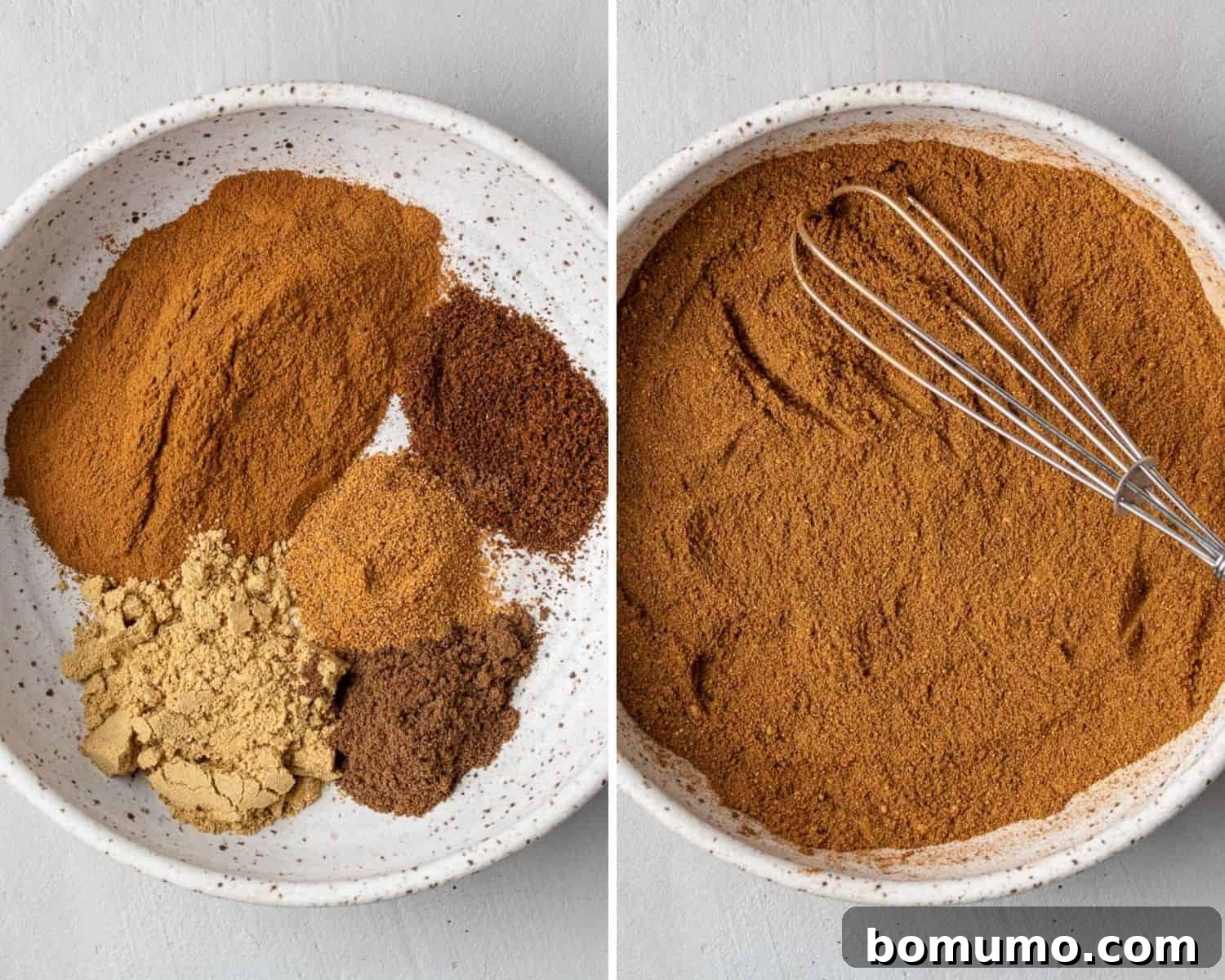 A comparison of pumpkin pie spice ingredients: on the left, individual spices in a bowl before mixing; on the right, the smoothly blended pumpkin pie spice after being whisked, showcasing the uniform color and texture.