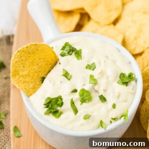 Queso blanco in a white bowl with handle, a chip dipped in.
