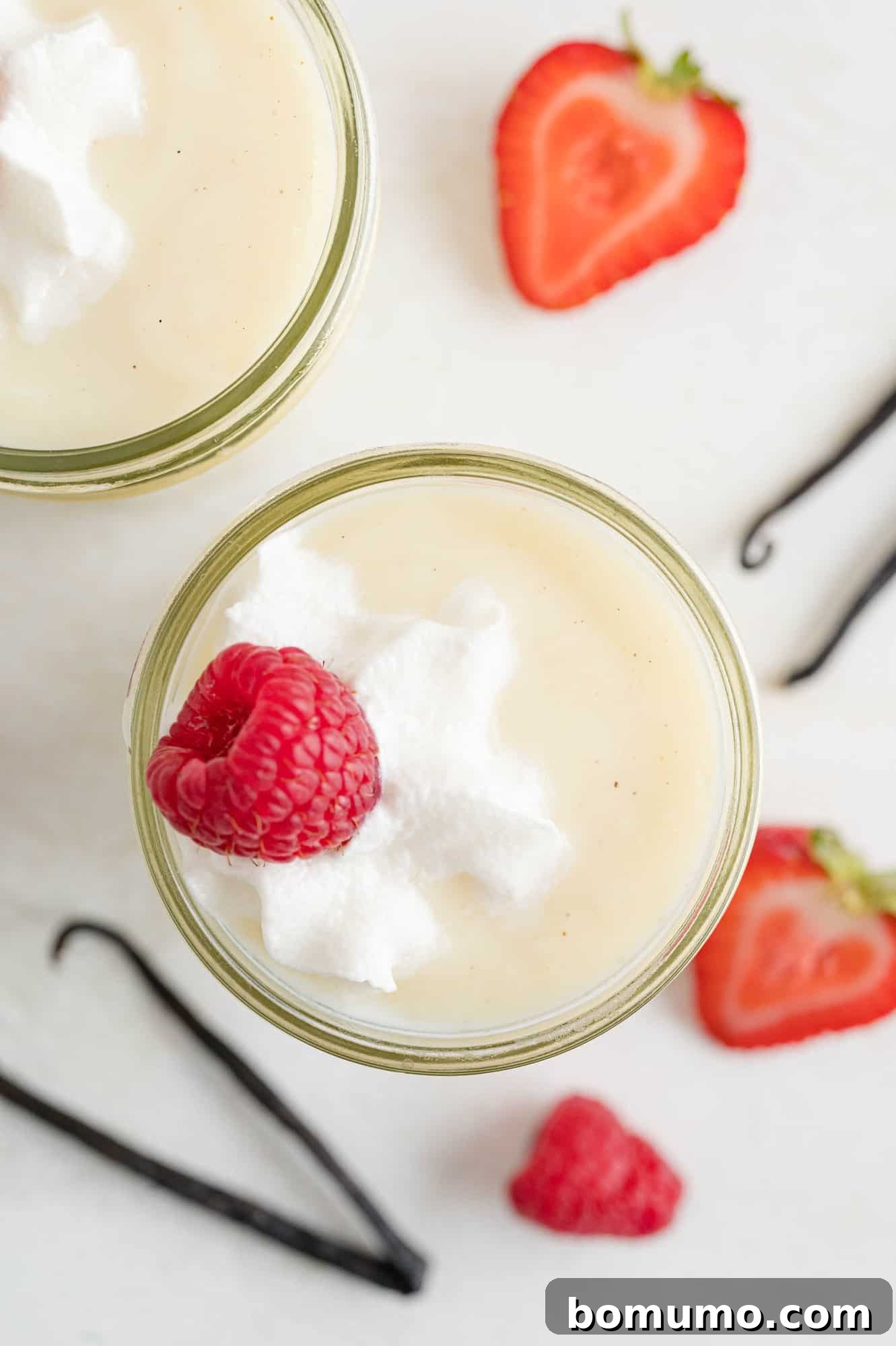 Dreamy Vanilla Pudding from Scratch 9 Overhead view of vanilla pudding in a jar.