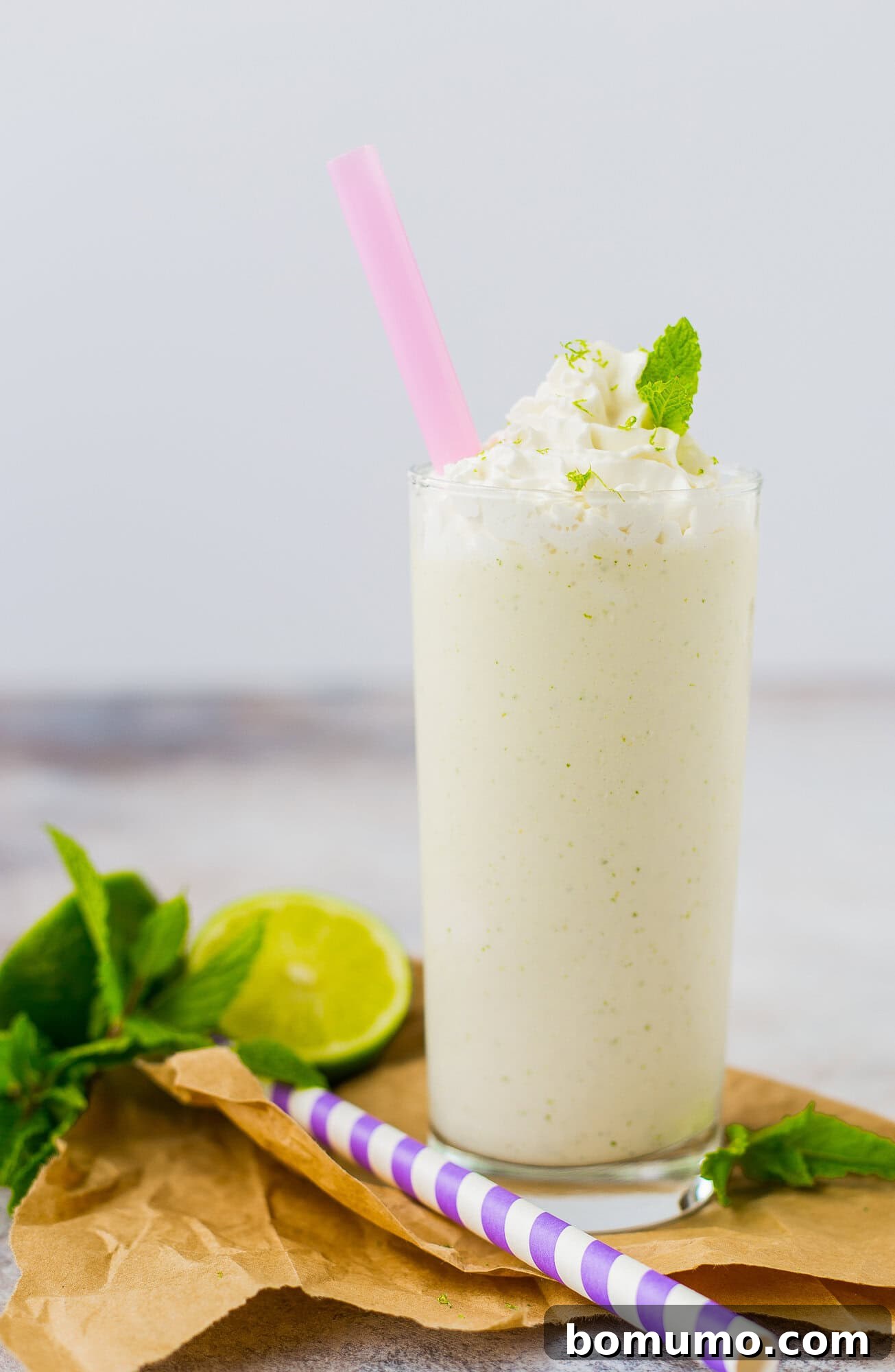 Mojito Dream Shake 2 A tall glass of creamy, light green mojito milkshake topped with whipped cream and a fresh mint sprig, with a pink straw, a lime half, and additional mint leaves artfully arranged beside it on a wooden surface.