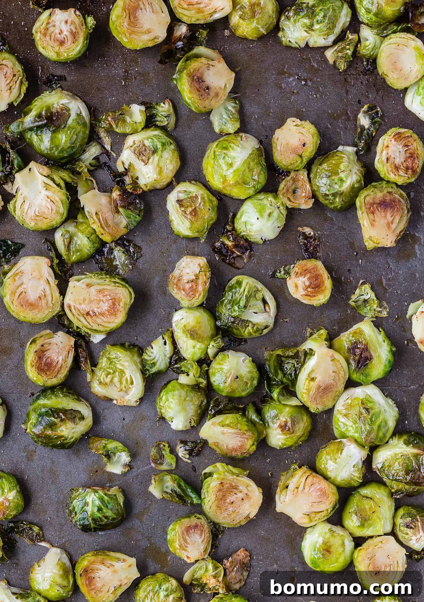 Freshly roasted Brussels sprouts spread evenly on a sheet pan, showing their golden-brown edges.